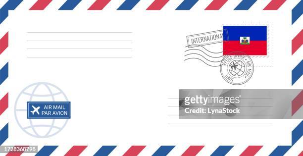 blank air mail envelope with haiti postage stamp. postcard vector illustration with haitian national flag isolated on white background. - hispaniola stock illustrations
