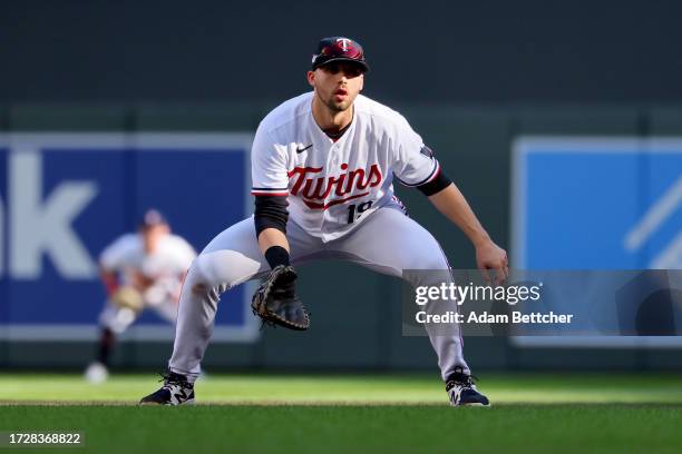 Alex Kirilloff of the Minnesota Twins plays first base in the third inning against the Houston Astros during Game Three of the Division Series at...