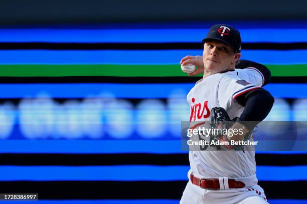 Sonny Gray of the Minnesota Twins pitches in the fourth inning against the Houston Astros during Game Three of the Division Series at Target Field on...