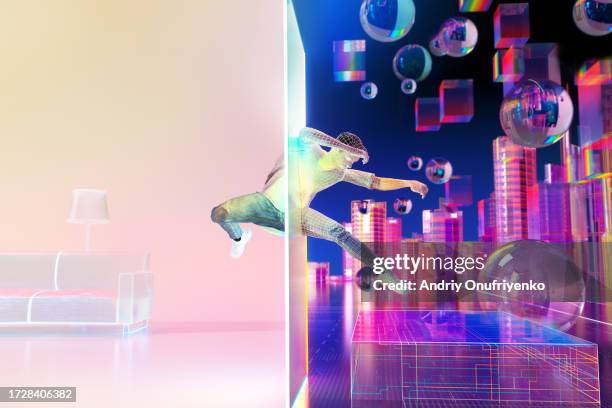 jmping through metaverse portal - human-evolution-woman stock pictures, royalty-free photos & images