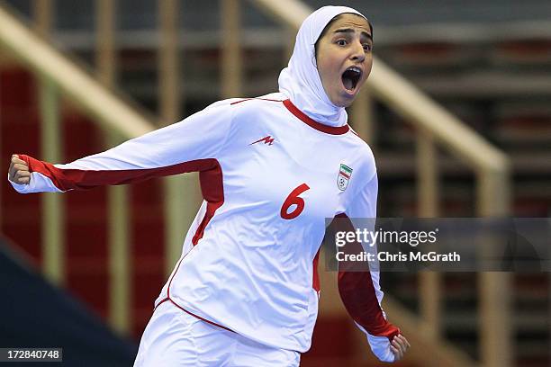 Gholami Nasimeh Sadat of Iran celebrates scoring a goal against Japan during the Women's Futsal Gold Medal match at Songdo Global University Campus...