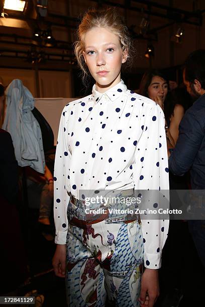 Model backstage ahead of the Asli Filinta Show during Mercedes-Benz Fashion Week Spring/Summer 2014 at Brandenburg Gate on July 5, 2013 in Berlin,...