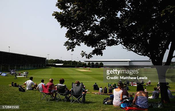Spectators watch during the 2nd NatWest Women's International T20 match between England Women and Pakistan Women on July 5, 2013 in Loughborough,...