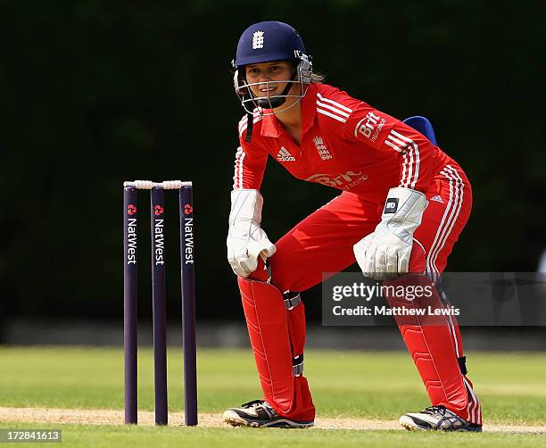 Amy Jones of England looks on during the 2nd NatWest Women's International T20 match between England Women and Pakistan Women on July 5, 2013 in...