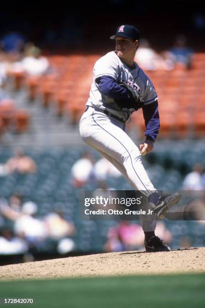 Pitcher Jim Abbott of the California Angels throws a pitch during an MLB game against the Oakland Athletics on May 2, 1996 at the Oakland Coliseum in...