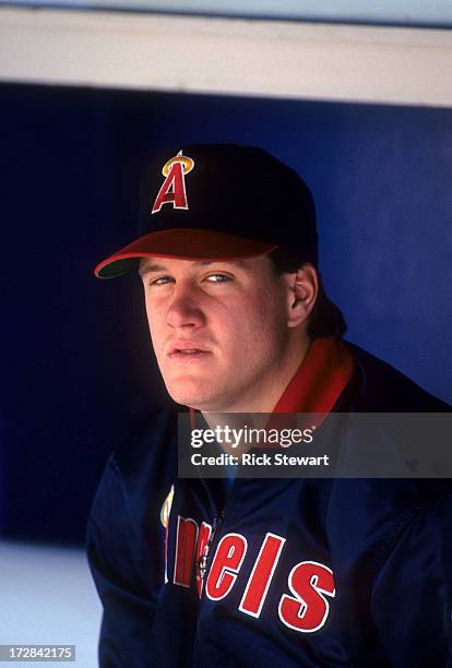 Pitcher Jim Abbott of the California Angels sits in the dugout during an MLB game circa 1991.