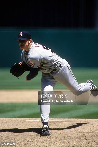 Pitcher Jim Abbott of the California Angels throws a pitch during an MLB game against the Oakland Athletics on May 2, 1996 at the Oakland Coliseum in...