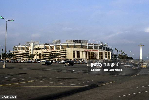 Exterior general view of Anaheim Stadium during an MLB game with the New York Yankees and California Angels in May, 1989 at Anaheim Stadium in...