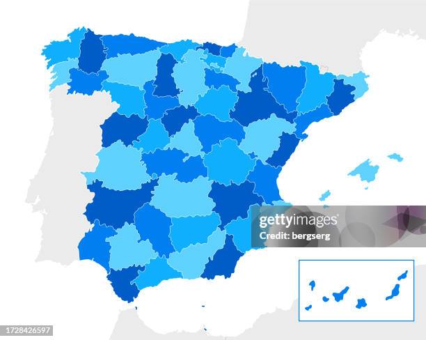 illustrations, cliparts, dessins animés et icônes de carte bleue détaillée de l’espagne avec les régions et les frontières nationales du portugal, andorre, gibraltar, france, maroc, algérie - maroc school