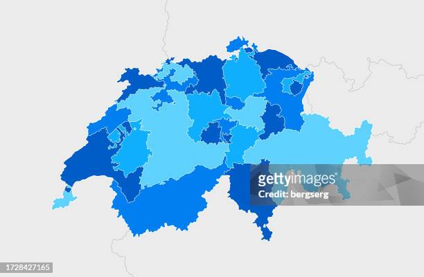high detailed switzerland blue map with regions and national borders of liechtenstein, italy, france, germany, austria - liechtenstein map stock illustrations