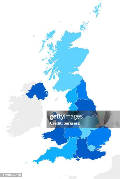 high detailed united kingdom blue map with regions and national borders of ireland, france - manchester city liverpool stock illustrations