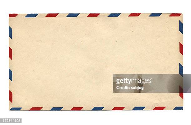 blank vintage air mail envelope with red and blue stripes - envelope stock pictures, royalty-free photos & images
