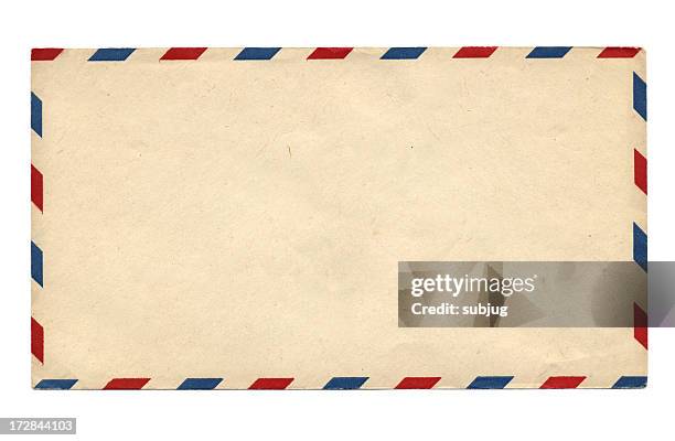 blank vintage air mail envelope with red and blue stripes - kuvert bildbanksfoton och bilder