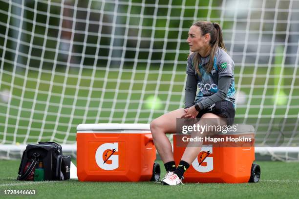 Newly named captain Annalie Longo looks on after sustaining an injury during a Wellington Phoenix A-League Women media opportunity at NZCIS on...