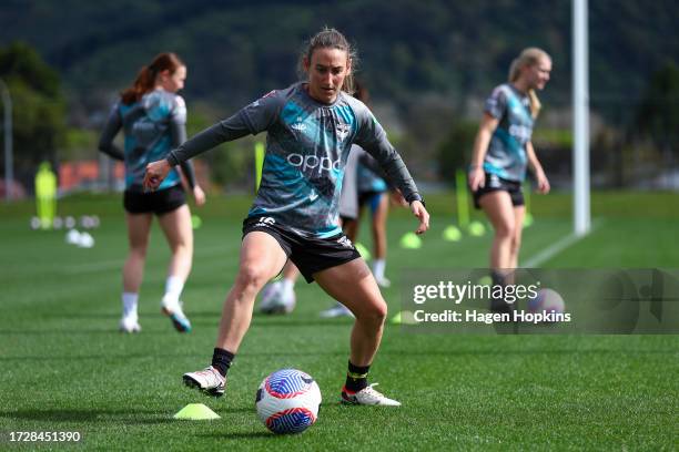 Newly named captain Annalie Longo in action during a Wellington Phoenix A-League Women media opportunity at NZCIS on October 11, 2023 in Wellington,...