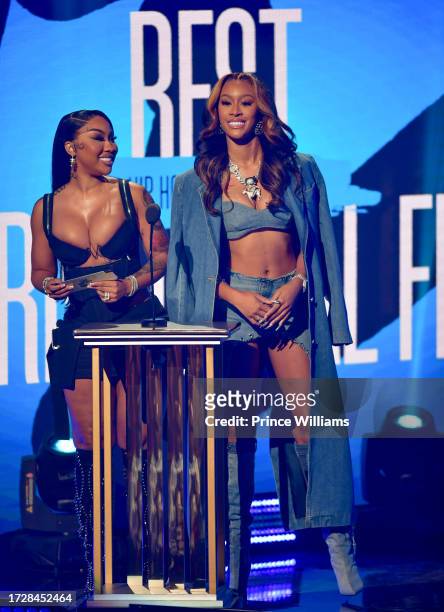 In this image released on October 10, 2023 Ariana Fletcher and Lakeyah Onstage during the BET Hip Hop Awards 2023 at Cobb Energy Performing Arts...