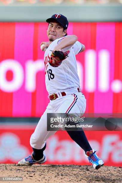 Kenta Maeda of the Minnesota Twins pitches in the sixth inning against the Houston Astros during Game Three of the Division Series at Target Field on...