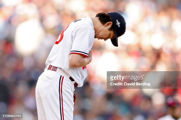 Kenta Maeda of the Minnesota Twins prepares to pitch in the sixth inning against the Houston Astros during Game Three of the Division Series at...