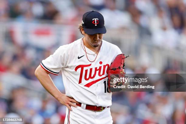 Kenta Maeda of the Minnesota Twins reacts in the sixth inning against the Houston Astros during Game Three of the Division Series at Target Field on...