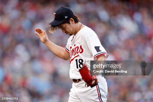 Kenta Maeda of the Minnesota Twins walks off the field in the sixth inning against the Houston Astros during Game Three of the Division Series at...