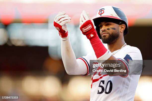 Willi Castro of the Minnesota Twins celebrates after hitting a single in the sixth inning against the Houston Astros during Game Three of the...