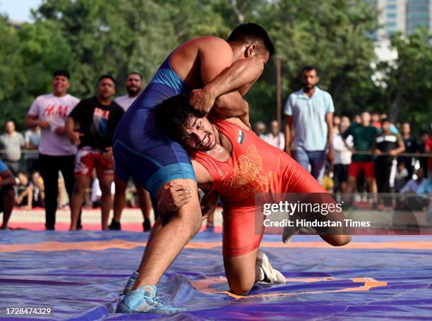 Wrestlers in action during the 29th Rishipal Awana Dangal Championship at Sector 15 on October 16, 2023 in Noida, India.