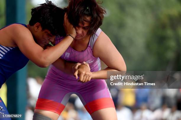 Wrestlers in action during the 29th Rishipal Awana Dangal Championship at Sector 15 on October 16, 2023 in Noida, India.