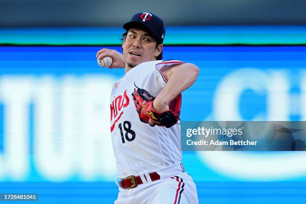 Kenta Maeda of the Minnesota Twins pitches in the seventh inning against the Houston Astros during Game Three of the Division Series at Target Field...