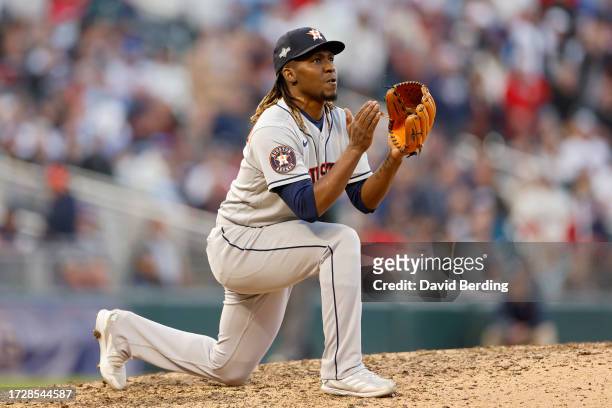 Rafael Montero of the Houston Astros reacts after striking out Edouard Julien of the Minnesota Twins in the ninth inning to end the game during Game...