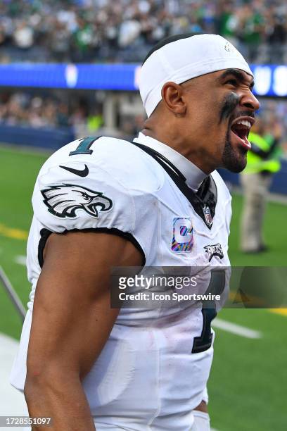 Philadelphia Eagles quarterback Jalen Hurts celebrates after the NFL game between the Philadelphia Eagles and the Los Angeles Rams on October 8 at...