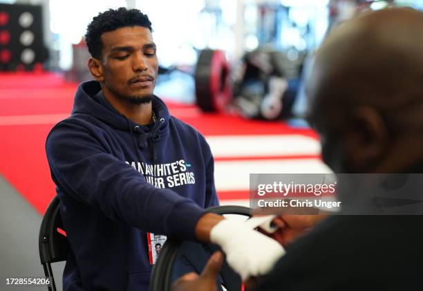 Jair Farias of Brazil has his hands wrapped prior to his fight during Dana White's Contender Series season seven, week ten at UFC APEX on October 10,...