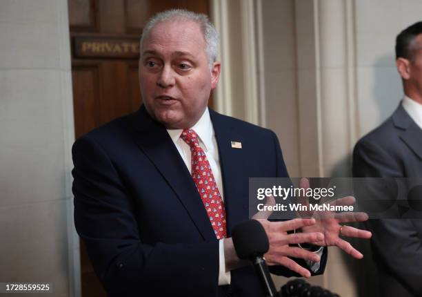 House Majority Leader Steve Scalise talks to the media as he leaves a meeting of House Republicans hearing from members running for House speaker in...