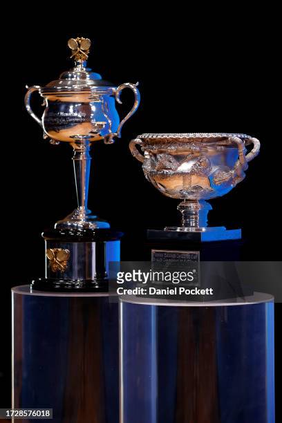 The Daphne Akhurst Memorial Cup and the Norman Brookes Challenge Cup is on display during the Australian Open 2024 Launch at Melbourne Park on...