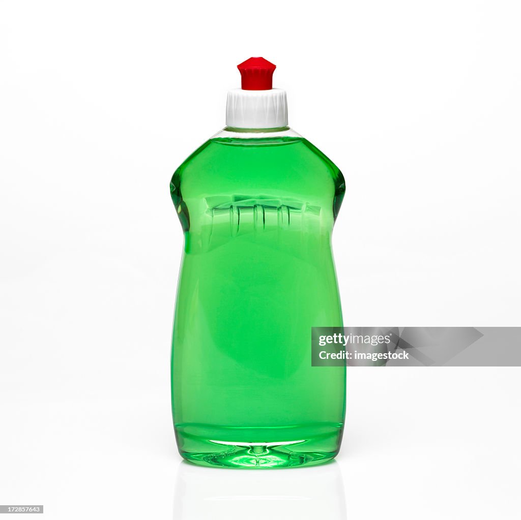 A bottle of green dishwashing detergent