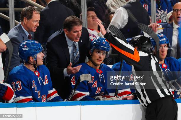 Head coach Peter Laviolette of the New York Rangers argues a call on the ice in the second period against the Arizona Coyotes at Madison Square...