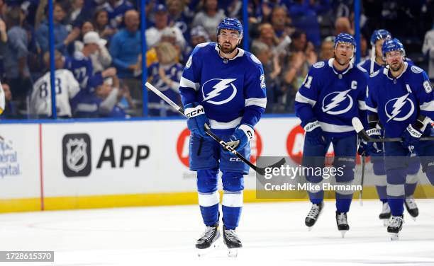 Nicholas Paul of the Tampa Bay Lightning celebrates a goal third period during the opening night game against the Nashville Predators at Amalie Arena...