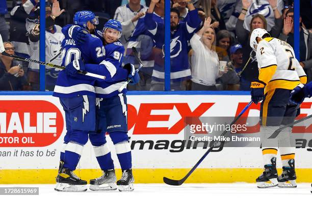 Nicholas Paul of the Tampa Bay Lightning celebrates a goal third period during the opening night game against the Nashville Predators at Amalie Arena...