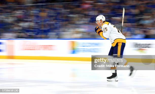 Juuso Parssinen of the Nashville Predators celebrates a goal third period during the opening night game against the Tampa Bay Lightning at Amalie...