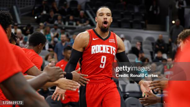 Dillon Brooks of the Houston Rockets is introduced before the start of their game against the San Antonio Spurs at Frost Bank Center on October 16,...