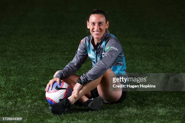 Newly announced captain Annalie Longo poses during a Wellington Phoenix A-League Women media opportunity at NZCIS on October 11, 2023 in Wellington,...