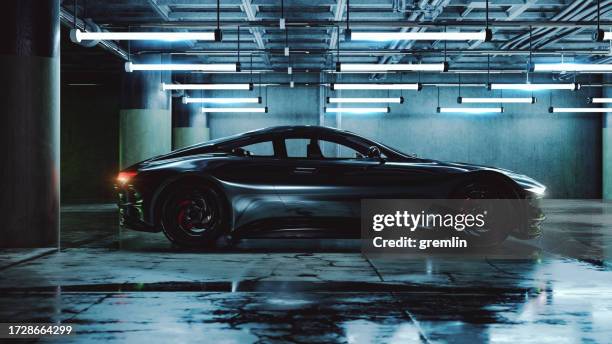 leere garage mit modernem sportwagen - luxuswagen stock-fotos und bilder