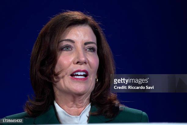 Governor of New York, Governor, State of New York T.H. Kathy Hochul speaks onstage at the 2023 Concordia Annual Summit at Sheraton New York on...