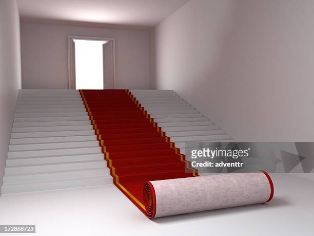 red carpet leading up the stairs - red carpet event stockfoto's en -beelden
