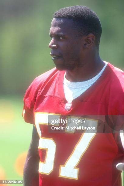 Ken Harvey of the Washington Redskins looks on during training camp on July 27, 1995 at Frostburg State in Frostburg, Maryland.