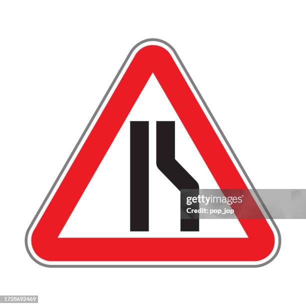 road narrows. traffic road sign. isolated on white. vector illustration - narrow stock illustrations