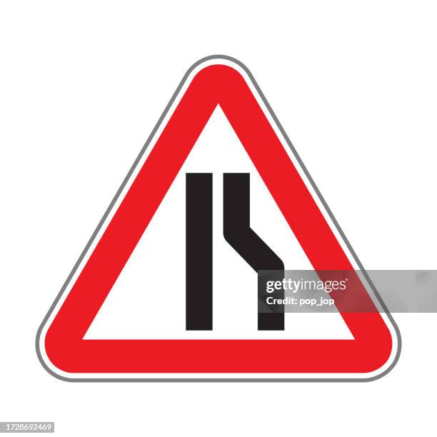 road narrows. traffic road sign. isolated on white. vector illustration - narrow icon stock illustrations