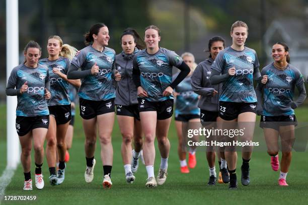 Players warm up during a Wellington Phoenix A-League Women media opportunity at NZCIS on October 11, 2023 in Wellington, New Zealand.