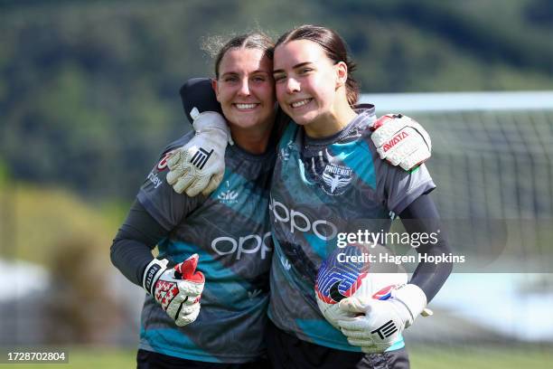 Rylee Foster and Brianna Edwards pose during a Wellington Phoenix A-League Women media opportunity at NZCIS on October 11, 2023 in Wellington, New...