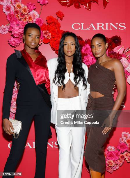 Maria Borges, Afiya Bennett and Melodie Monrose attend a cocktail party to celebrate Clarins Best Of Beauty Products on October 10, 2023 in New York...