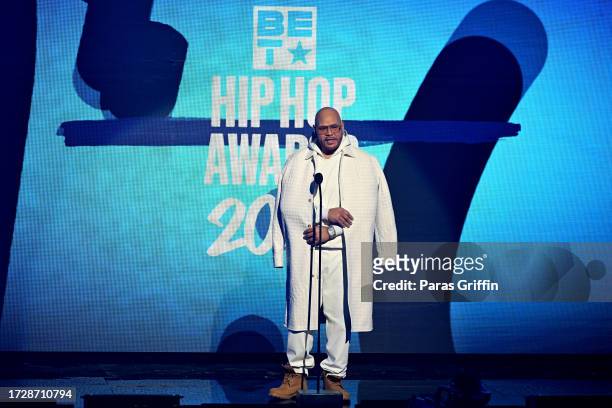 In this image released on October 10 Fat Joe speaks onstage during the BET Hip-Hop Awards 2023 on October 03, 2023 in Atlanta, Georgia.